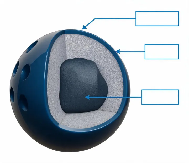 Bowling ball core and coverstock cutaway